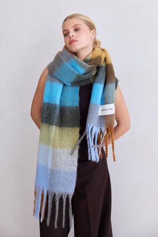 The Reykjavik Scarf - 100% Recycled in Blue and Orange Check