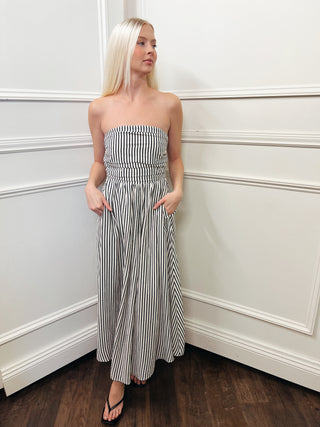 Stripe Ruched Strapless Midi Dress
