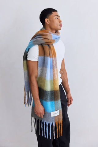 The Reykjavik Scarf - 100% Recycled in Blue and Orange Check