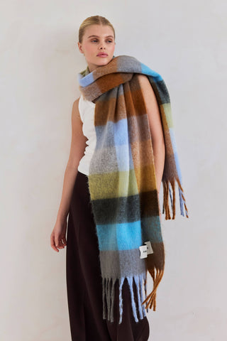 The Reykjavik Scarf - 100% Recycled in Blue and Orange Check