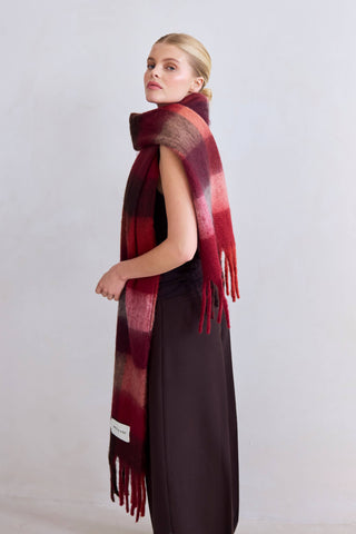 The Reykjavik Scarf - 100% Recycled in Burgundy Check