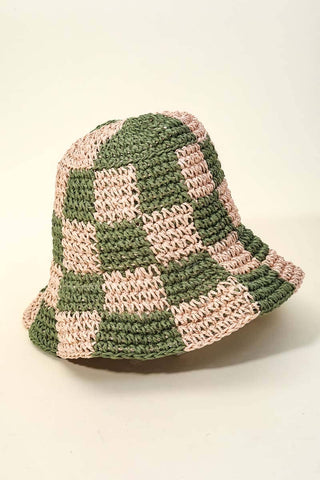The Checkered Raffia Bucket Hat in Green - Olive Street