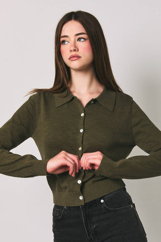 COLLARED BUTTON DOWN SWEATER CARDIGAN: OLIVE / L - Olive Street
