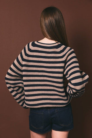 RAGLAN LONG SLEEVE CREW NECK STRIPED SWEATER CARDIGAN: NAVY-TAUPE STRIPE / L - Olive Street