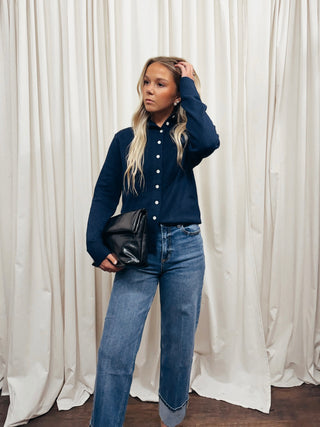 The Stand Collar Plush Cardigan in Navy