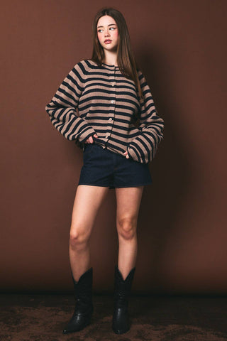 RAGLAN LONG SLEEVE CREW NECK STRIPED SWEATER CARDIGAN: NAVY-TAUPE STRIPE / L - Olive Street