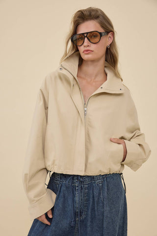 STAND COLLAR DRAWSTRING JACKET - RJ1116: LT BEIGE / S-M-L (3-2-1) - Olive Street
