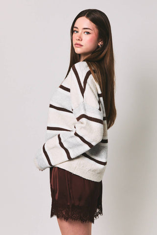 LONG SLEEVE ROUND NECK STRIPED SOFT CARDIGAN: BROWN-MULTI STRIPE / L - Olive Street