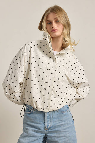 The High Neck Drawstring Pullover Jacket in White Dot - Olive Street