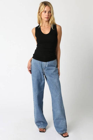 The U-Neck Fitted Ribbed Tank in Black - Olive Street