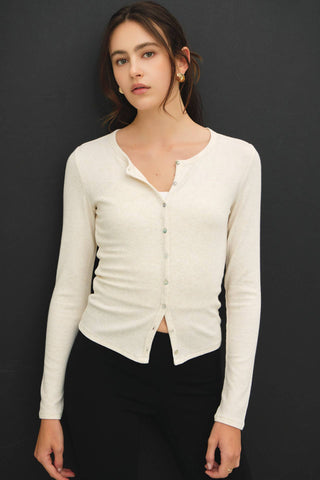 The Button Up Ribbed Jersey Top in Oatmeal - Olive Street