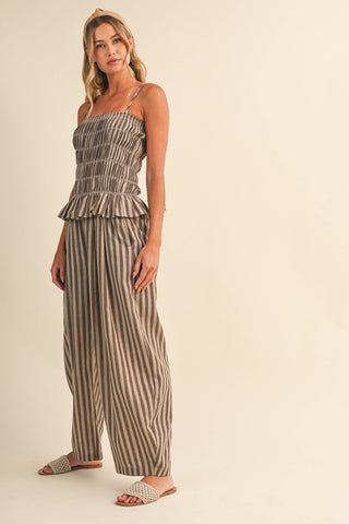 The Striped Ruffle Hem Plaid Top and Wide Leg Pant Set - Olive Street