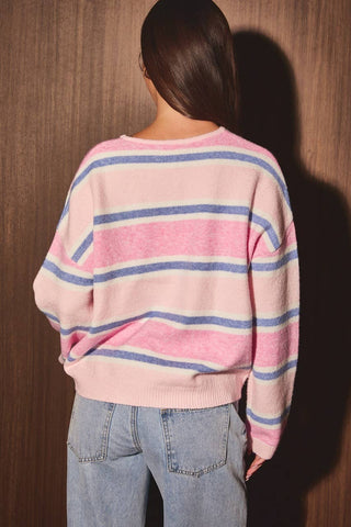 LONG SLEEVE ROUND NECK STRIPED SOFT CARDIGAN: BROWN-MULTI STRIPE / L - Olive Street