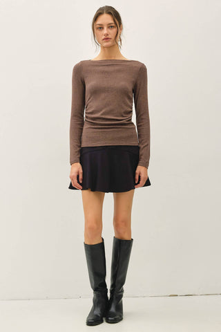 The Modal Ribbed Boat Neck Ruched Top in Brown