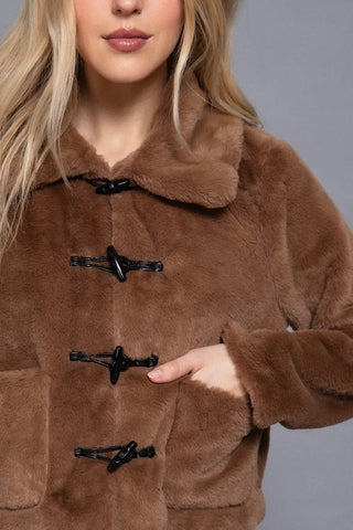 The Faux Fur Toggle Button Jacket in Brown