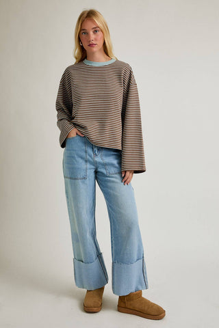 The Boxy Stripe Long Sleeve Tee in Brown