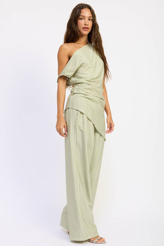 WIDE LEG PINSTRIPE PANTS: SAGE STRIPE / Contemporary / S - Olive Street