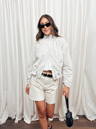 The Stripe Ruffle Hem Jacket - Olive Street