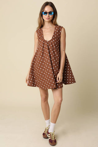 The Rain Polka Dot Swing Mini Dress in Brown - Olive Street