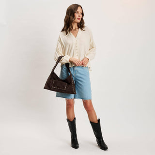 The Dahlia Faux Suede Studded Hobo in Chocolate