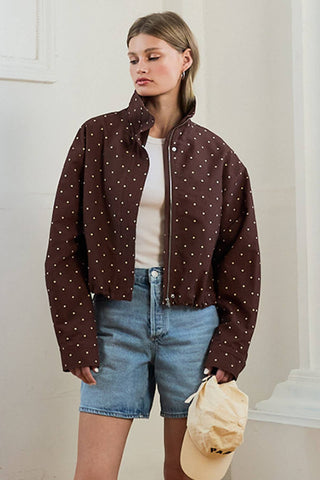 The High Neck Drawstring Pullover Jacket in Brown Dot - Olive Street