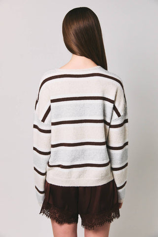 LONG SLEEVE ROUND NECK STRIPED SOFT CARDIGAN: BROWN-MULTI STRIPE / L - Olive Street
