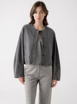 MODERN ROUND NECK BUTTON FRONT JACKET: Grey / Contemporary / S/M - Olive Street