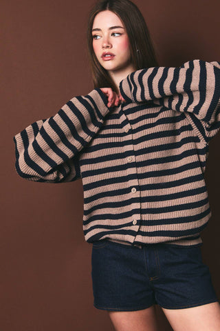 RAGLAN LONG SLEEVE CREW NECK STRIPED SWEATER CARDIGAN: NAVY-TAUPE STRIPE / L - Olive Street