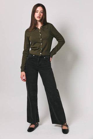 COLLARED BUTTON DOWN SWEATER CARDIGAN: OLIVE / L - Olive Street