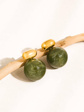 Velisse 18K Gold Non-Tarnish Green Marble Ball Earrings: Green - Olive Street