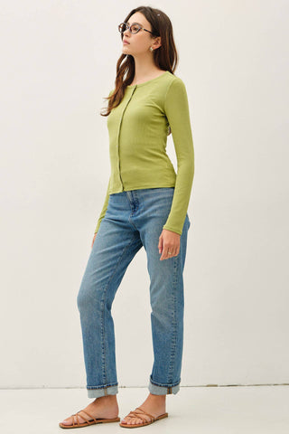 The Button Up Ribbed Jersey Top in Matcha - Olive Street