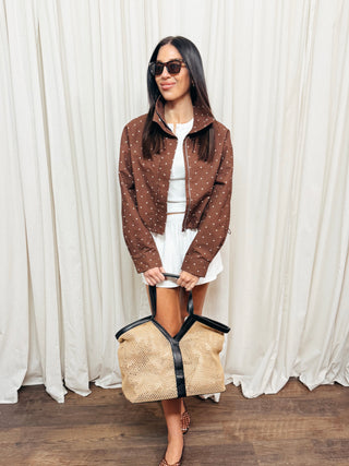 The High Neck Drawstring Pullover Jacket in Brown Dot