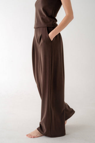 The Pleated Knit Trouser in Coffee Brown - Olive Street