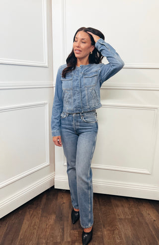 Collarless Denim Jacket