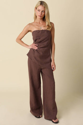 The Rita Draped Strapless Linen Top in Brown - Olive Street