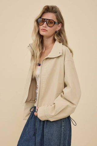 STAND COLLAR DRAWSTRING JACKET - RJ1116: LT BEIGE / S-M-L (3-2-1) - Olive Street