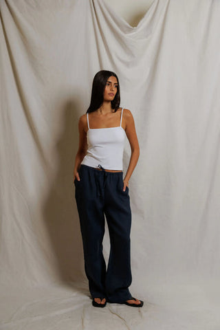 The Lorana Linen Drawstring Pant in Navy - Olive Street
