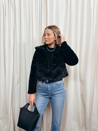 The Faux Fur Toggle Button Jacket in Black