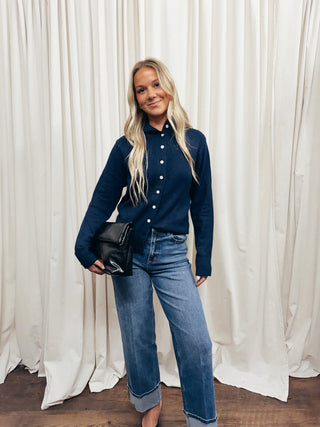 The Stand Collar Plush Cardigan in Navy