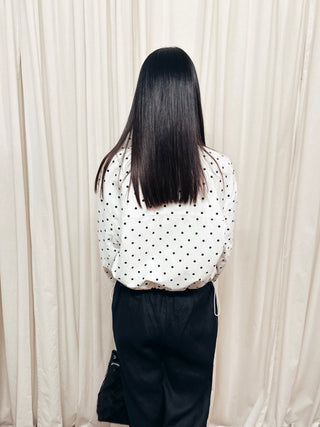 The High Neck Drawstring Pullover Jacket in White Dot