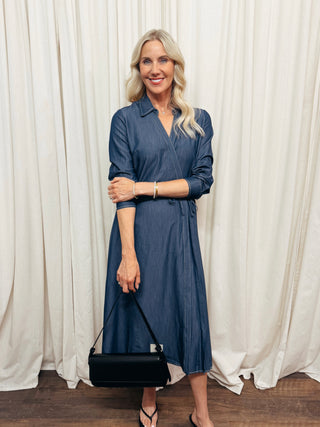 The Denim Wrap Pleat Detail Midi Dress