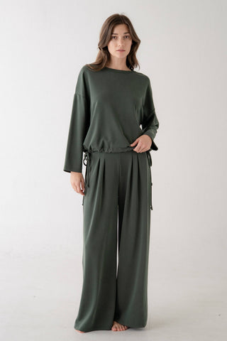 The Pleated Knit Trouser in Green - Olive Street