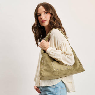 The Dahlia Faux Suede Studded Hobo in Green