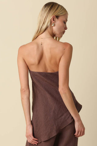 The Rita Draped Strapless Linen Top in Brown - Olive Street
