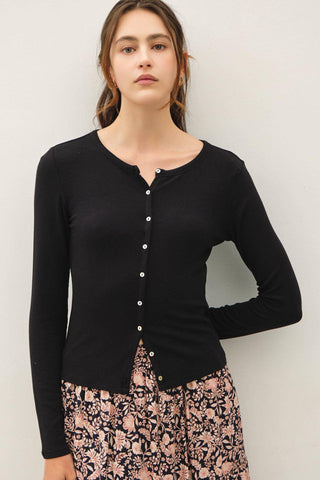 The Button Up Ribbed Jersey Top in Black - Olive Street
