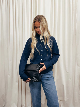 The Stand Collar Plush Cardigan in Navy