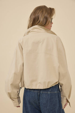 STAND COLLAR DRAWSTRING JACKET - RJ1116: LT BEIGE / S-M-L (3-2-1) - Olive Street