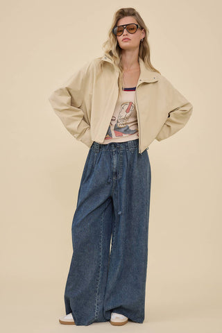 STAND COLLAR DRAWSTRING JACKET - RJ1116: LT BEIGE / S-M-L (3-2-1) - Olive Street