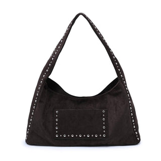 The Dahlia Faux Suede Studded Hobo in Chocolate