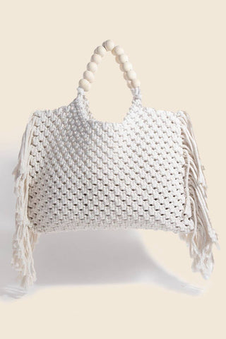 The Wooden Bead Handle Braided Tote Bag in White